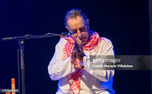 Portuguese musician and composer Rão Kyao , famous as a performer on the bamboo flute and saxophone, plays during his show "Gratidão" at Lounge D in...