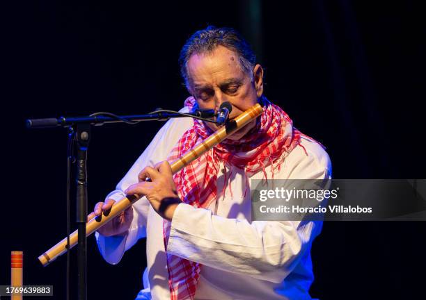 Portuguese musician and composer Rão Kyao , famous as a performer on the bamboo flute and saxophone, plays during his show "Gratidão" at Lounge D in...