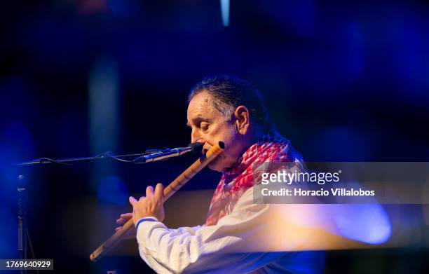 Portuguese musician and composer Rão Kyao , famous as a performer on the bamboo flute and saxophone, plays during his show "Gratidão" at Lounge D in...