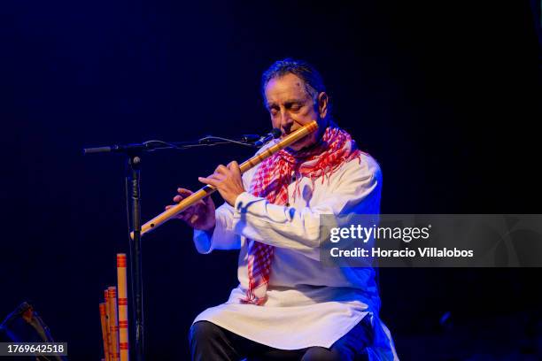 Portuguese musician and composer Rão Kyao , famous as a performer on the bamboo flute and saxophone, plays during his show "Gratidão" at Lounge D in...