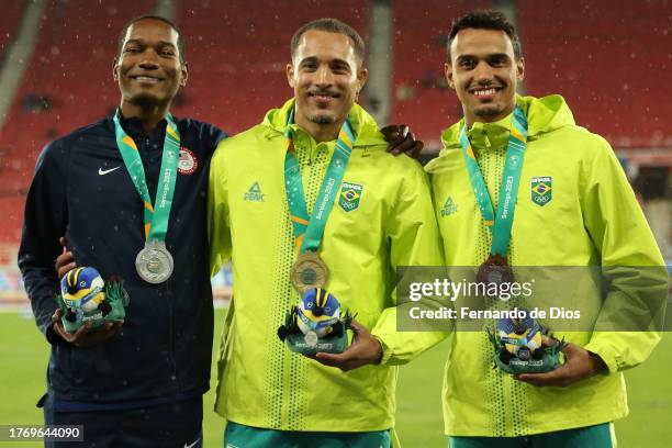 Silver medalist De'vion Wilson of Team United States, gold medalist Eduardo Rodrigues of Team Brazil and bronze medalist Rafael Campos of Team...