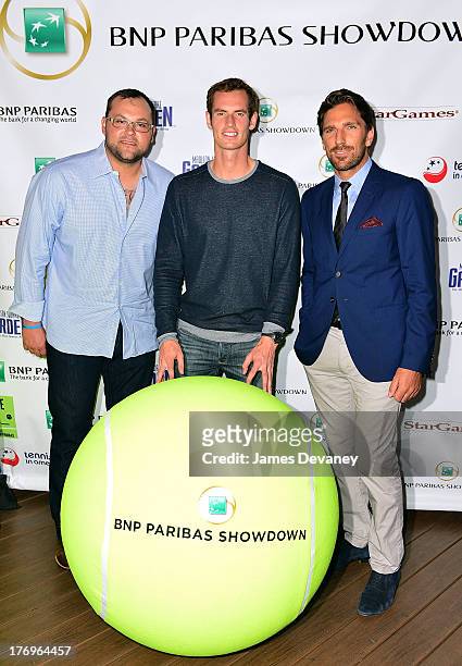 Joba Chamberlain, Andy Murray and Henrik Lundqvist attend an announcement at Local West on August 19, 2013 in New York City for Andy Murry's...