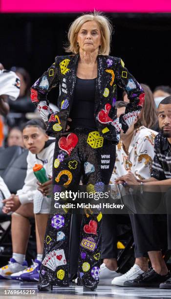 Head coach Kim Mulkey of the LSU Lady Tigers coaches against the Colorado Buffaloes during the Naismith Hall of Fame Series at T-Mobile Arena on...