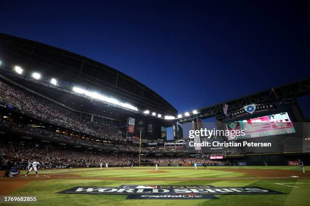 General view as Nathan Eovaldi of the Texas Rangers pitches to Tommy Pham of the Arizona Diamondbacks in the third inning during Game Five of the...