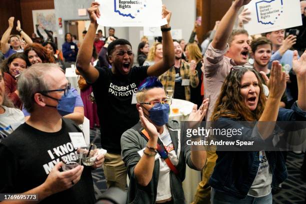 Supporters of Ohio Issue 1 cheer as results come in at a watch party hosted by Ohioans United for Reproductive Rights on November 7, 2023 in...