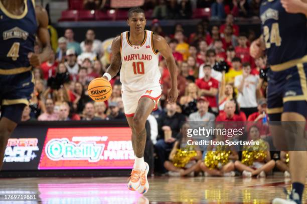 Maryland Terrapins forward Julian Reese brings the ball up court during the game between the Mount St. Mary's and the Maryland Terrapins on November...