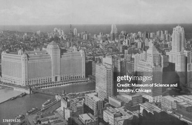 The Merchandise Mart - The Great Central Market - black and white photographs of a panoramic view of the Business District, Chicago, Illinois, circa...