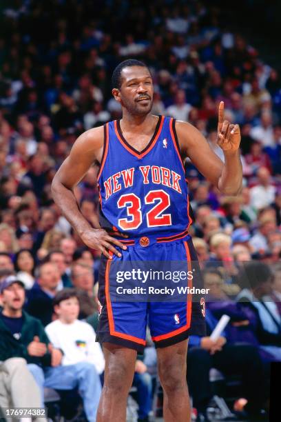 Herb Williams of the New York Knicks looks on against the Sacramento Kings on February 28, 1996 at Arco Arena in Sacramento, California. NOTE TO...