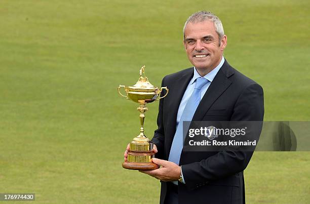 Paul McGinley the European Ryder Cup Captain pictured with the Ryder Cup Trophy after a press conference for the Official Charities Announcement...