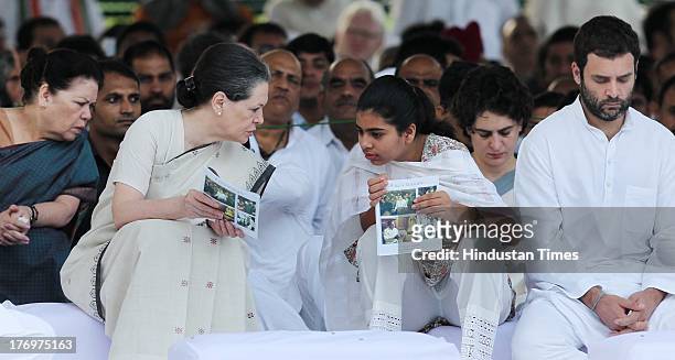 Congress leader and Chairperson of the National Advisory Council Sonia Gandhi, Miraya Vadra and Rahul Gandhi after paying tribute to former Indian...