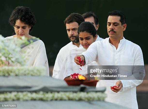Vice President of the Indian National Congress Rahul Gandhi, Priyanka Vadra along with her daughter Miraya Vadra and husband Robert Vadra pay tribute...
