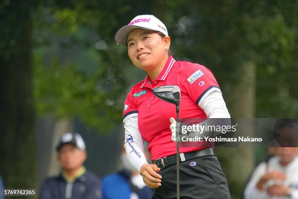 Minami Katsu of Japan reacts after her tee shot on the 4th hole during the first round of the TOTO Japan Classic at the Taiheiyo Club's Minori Course...