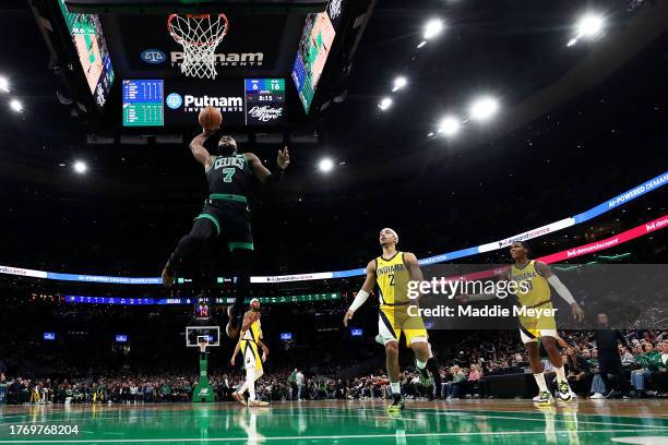 Jaylen Brown of the Boston Celtics dunks against the Indiana Pacers during the first half at TD Garden on November 01, 2023 in Boston, Massachusetts....
