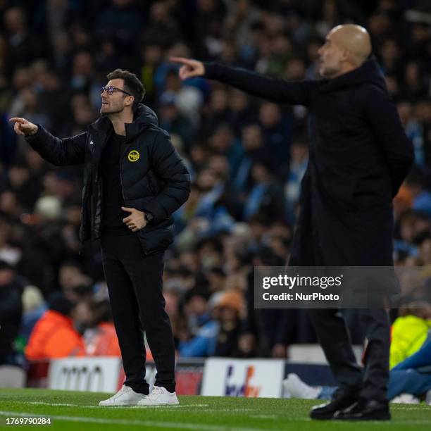 Manchester City manager Pep Guardiola and BSC Young Boys manager Raphael Wicky gesticulate during the UEFA Champions League Group G match between...