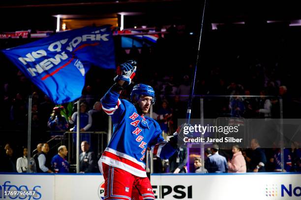 Artemi Panarin of the New York Rangers is named second star of the game in a 5-3 win against the Detroit Red Wings at Madison Square Garden on...