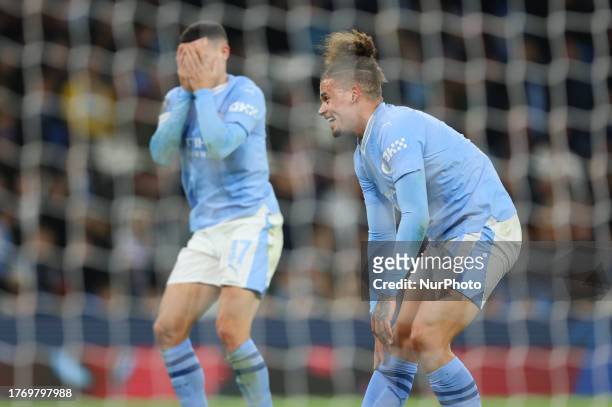 Kalvin Phillips of Manchester City laughs at a comical miss during the UEFA Champions League Group G match between Manchester City and BSC Young Boys...
