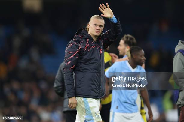 Erling Haaland of Manchester City waves to the fans during the UEFA Champions League Group G match between Manchester City and BSC Young Boys at the...