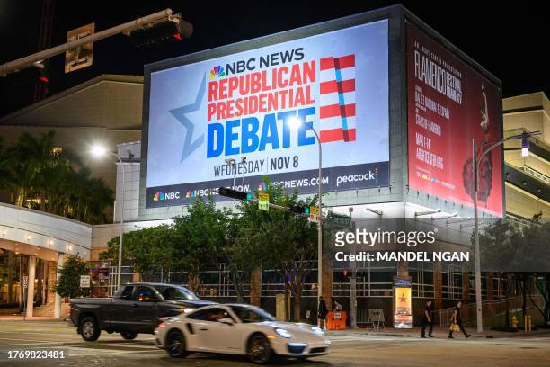 Billboard for the third Republican presidential primary debate is seen at the Adrienne Arsht Center for the Performing Arts in Miami, Florida on...