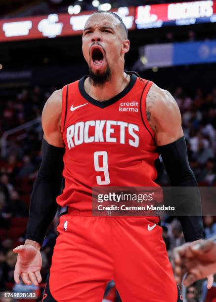 Dillon Brooks of the Houston Rockets reacts against the Charlotte Hornets during the second half at Toyota Center on November 01, 2023 in Houston,...