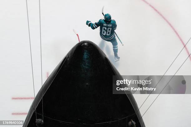 An overhead view as Mike Hoffman of the San Jose Sharks takes the ice through the Shark Head before the game against the Philadelphia Flyers at SAP...