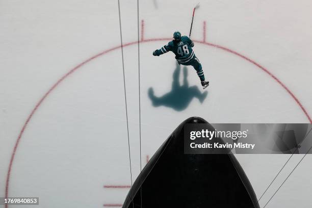 An overhead view as Tomas Hertl of the San Jose Sharks takes the ice through the Shark Head before the game against the Philadelphia Flyers at SAP...