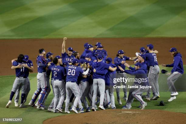 The Texas Rangers celebrate after beating the Arizona Diamondbacks 5-0 in Game Five to win the World Series at Chase Field on November 01, 2023 in...