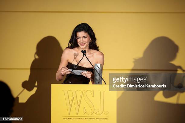 Kylie Jenner speaks onstage at the WSJ. Magazine 2023 Innovator Awards sponsored by Harry Winston, Hyundai Motor America, Montblanc, Rémy Martin and...