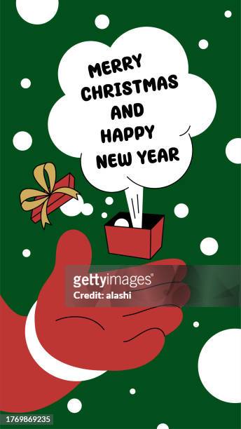 a gift box in santa's hand opens and a blessing pops up, santa claus wishes you a merry christmas and a happy new year - pop mart stock illustrations