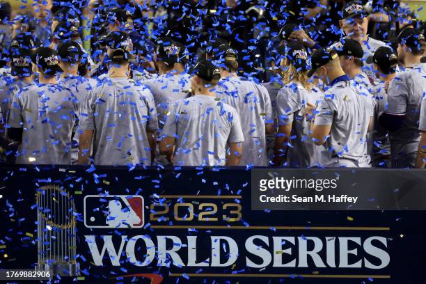 The Texas Rangers celebrate after beating the Arizona Diamondbacks 5-0 in Game Five to win the World Series at Chase Field on November 01, 2023 in...