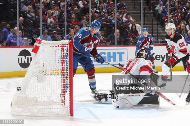 Mikko Rantanen of the Colorado Avalanche scores against the New Jersey Devils at Ball Arena on November 07, 2023 in Denver, Colorado.