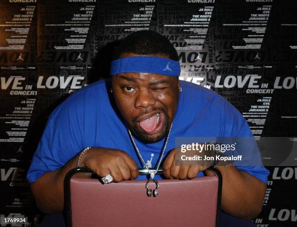 Biz Markie poses backstage at the Jordan Presents LOVE: In Concert in Atlanta at the AmericasMart February 7, 2003 in Atlanta, Georgia.