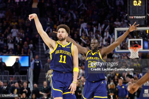 Klay Thompson of the Golden State Warriors reacts after making a go-ahead basket late in the fourth quarter against the Sacramento Kings at Chase...