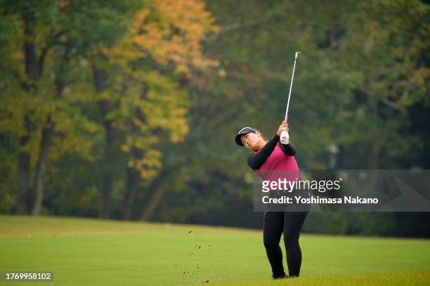 Jasmine Suwannapura of Thailand hits her second shot on the 6th hole during the first round of the TOTO Japan Classic at the Taiheiyo Club's Minori...