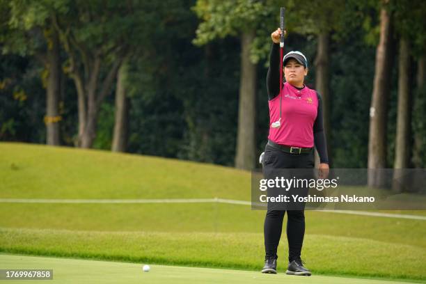 Jasmine Suwannapura of Thailand lines up a putt on the 8th green during the first round of the TOTO Japan Classic at the Taiheiyo Club's Minori...