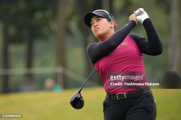 Jasmine Suwannapura of Thailand hits her tee shot on the 9th hole during the first round of the TOTO Japan Classic at the Taiheiyo Club's Minori...