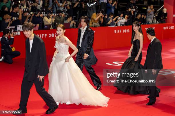 South Korean director Lee Chung-hyun, actors Park Yu-rim, Kim Ji-hoon, Jun Jong-Seo and singer Gray attend the opening ceremony of the 28th Busan...