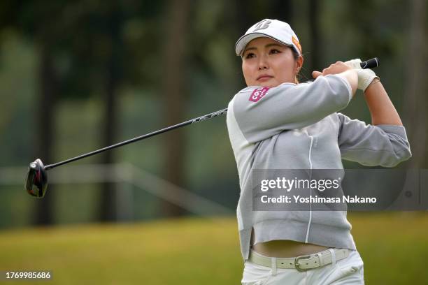 Sayaka Takahashi of Japan hits her tee shot on the 9th hole during the first round of the TOTO Japan Classic at the Taiheiyo Club's Minori Course on...