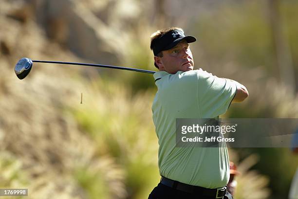 Roger Clemens of the New York Yankees hits a tee shot on the seventeenth hole during the first round of the Bob Hope Chrysler Classic on January 29,...