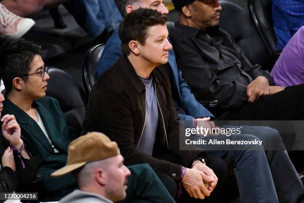 Jeremy Renner attends a basketball game between the Los Angeles Lakers and the Los Angeles Clippers at Crypto.com Arena on November 01, 2023 in Los...