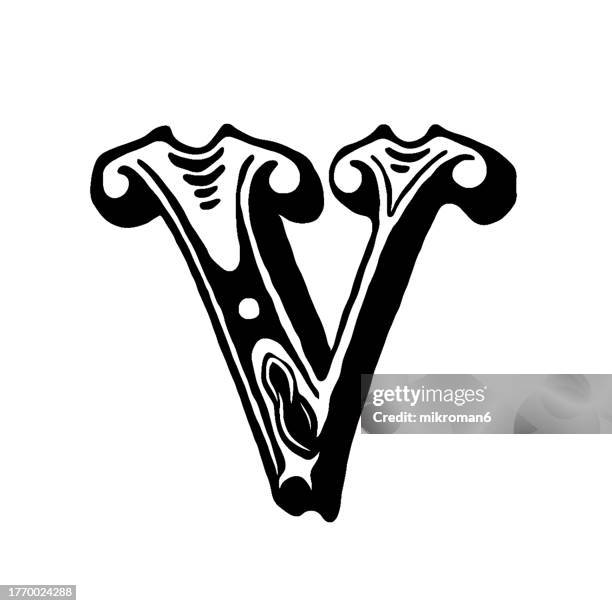 old engraved illustration of letter v, decorative ornament - letter v stock pictures, royalty-free photos & images