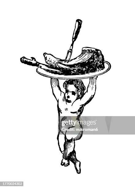 old engraved illustration of a naked child holding a plate with a piece of meat - animal rib cage stock pictures, royalty-free photos & images