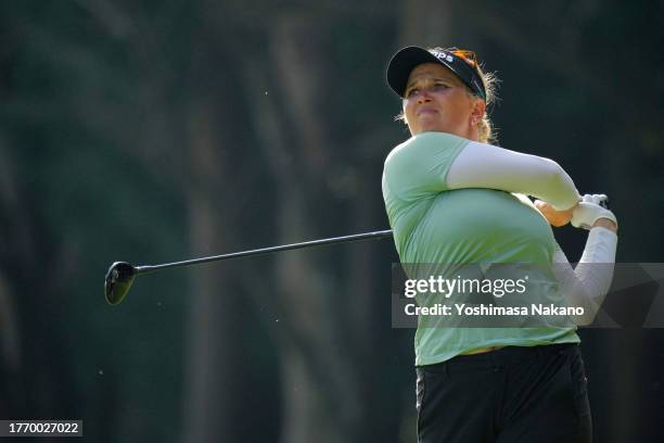 Nanna Koerstz Madsen of Denmark hits her second shot on the 9th hole during the first round of the TOTO Japan Classic at the Taiheiyo Club's Minori...