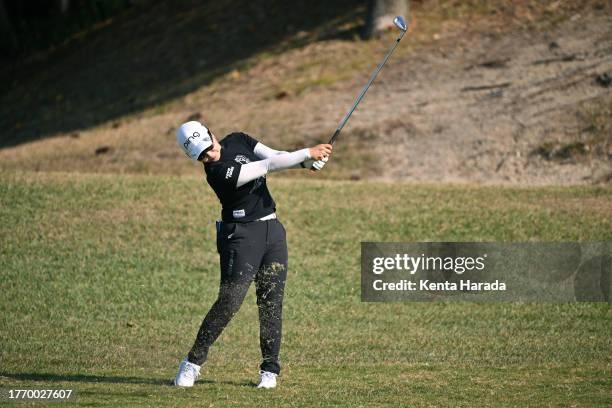 Mamiko Higa of Japan hits her second shot on the 12th hole during the first round of Meiji Yasuda Ladies Open Golf Tournament at Ibaraki Kokusai Golf...