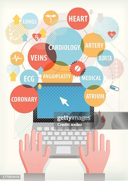 cardiac terms on laptop - coronary artery disease icon stock illustrations