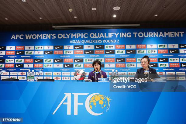 Shui Qingxia, head coach of Team China, attends a press conference after the AFC Women's Asian Olympic Qualifier Round 2 Group B match between China...