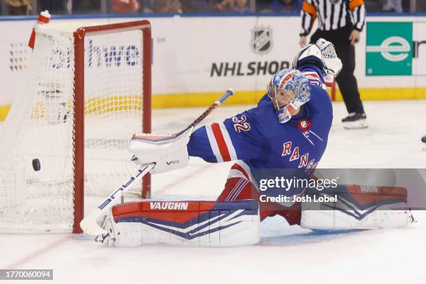 Jonathan Quick of the New York Rangers stops the puck in the third period against the Detroit Red Wings at Madison Square Garden on November 07, 2023...