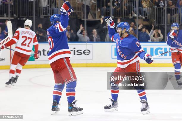 Chris Kreider of the New York Rangers celebrates after scoring a goal against the Detroit Red Wings in the second period at Madison Square Garden on...