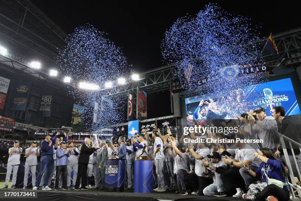 The Texas Rangers are awarded the Commissioner's Trophy after defeating the Arizona Diamondbacks in Game Five to win the World Series at Chase Field...