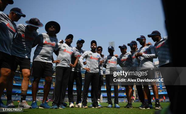 Kusal Mendis of Sri Lanka speaks to their side in the huddle ahead of the ICC Men's Cricket World Cup India 2023 between India and Sri Lanka at...