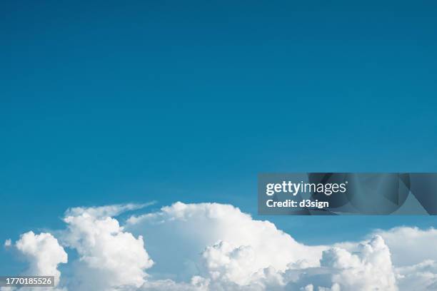 fluffy white clouds against clear blue sky on a sunny day - azul-celeste fotografías e imágenes de stock